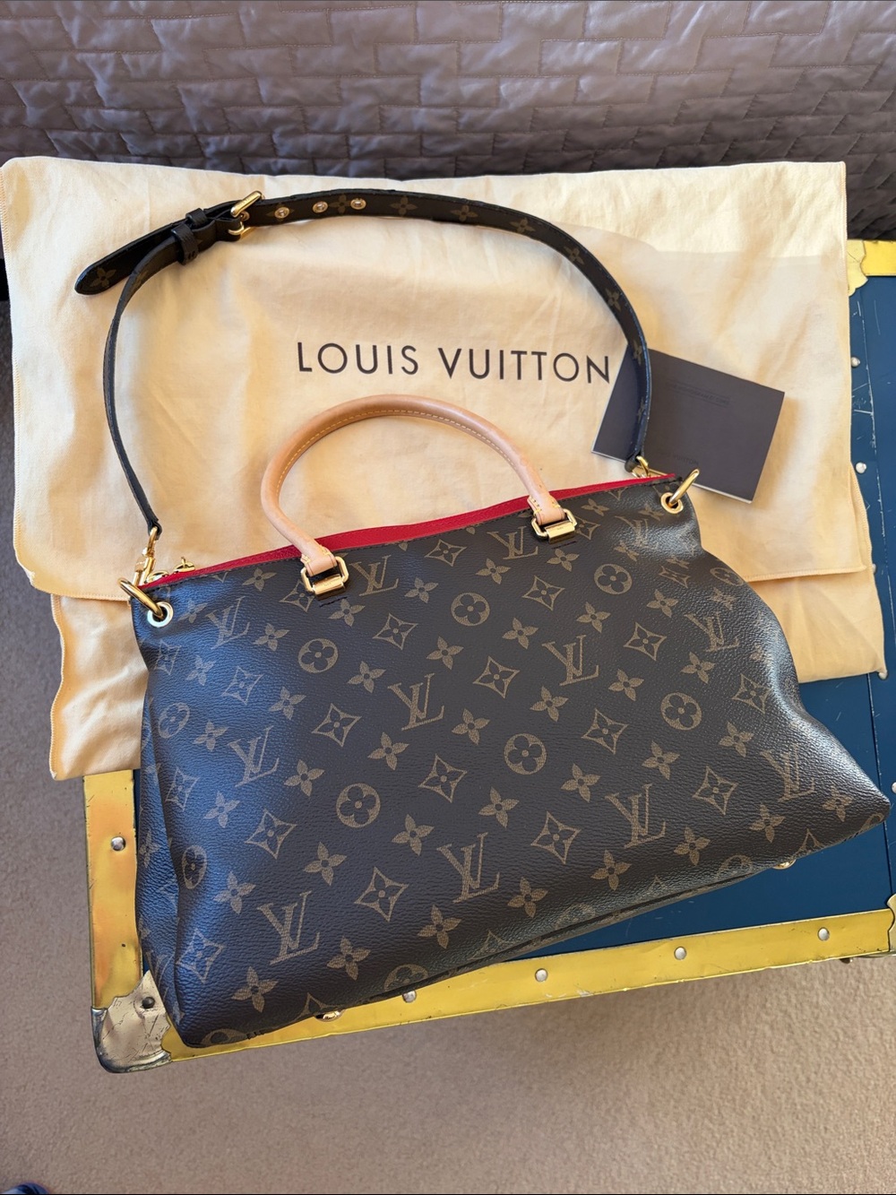 Louis Vuitton Monogram Canvas Tote in Brown with Red Trim